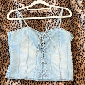 Amisu Light Blue Lace-Up Denim Crop Top